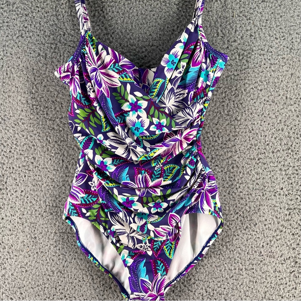 Jantzen One Piece Swimsuit Sz 8 V-Neck Wrapped Ruching Slimming Purple Floral